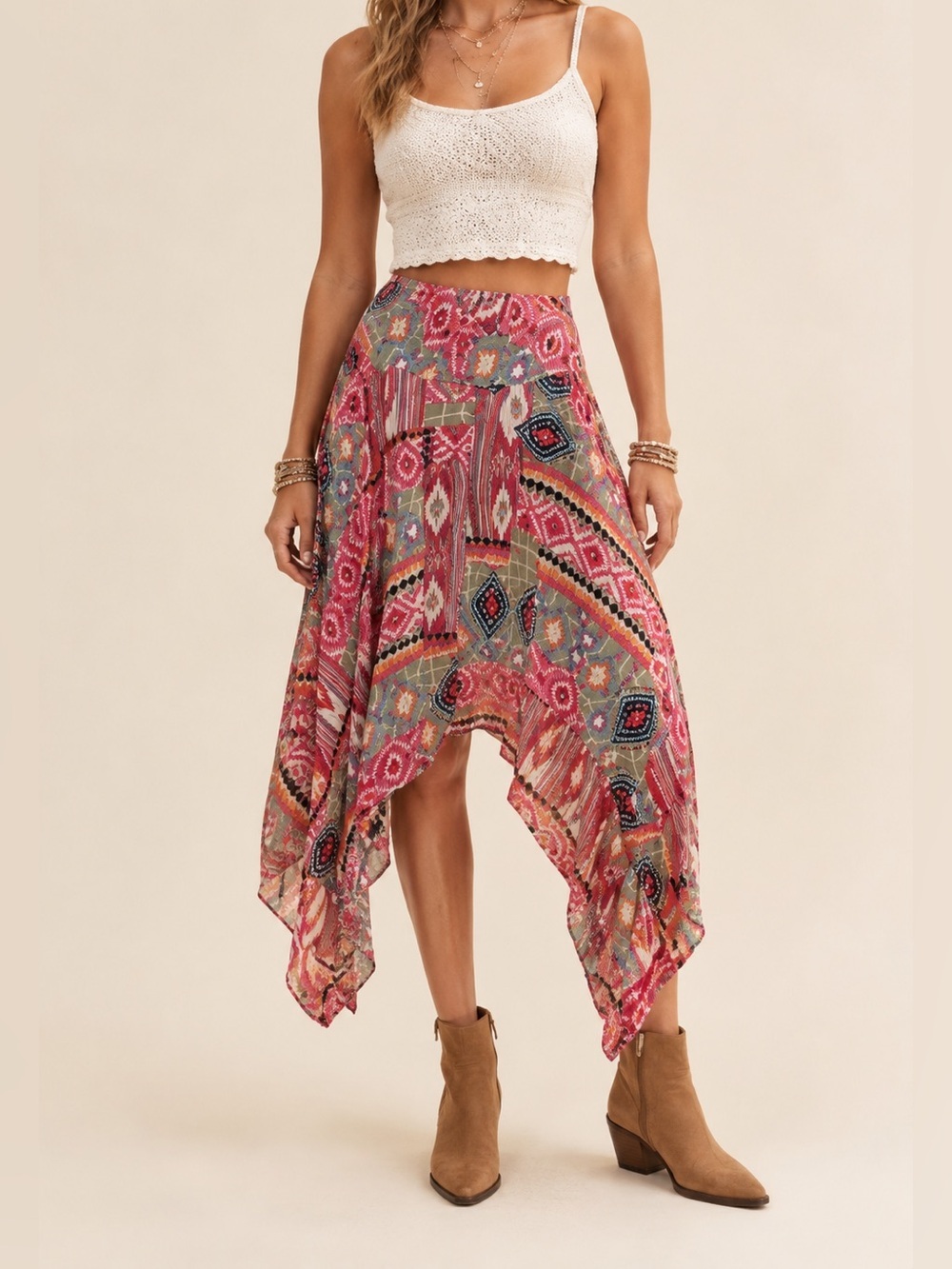 Vintage Y2K Lola P Boho Patchwork Handkerchief Hem Skirt XL- L - S Deadstock